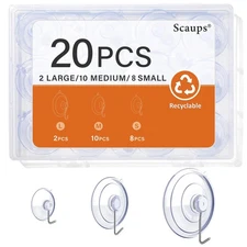 20PCS Suction Cup Hooks 2.5Inch 1.77Inch 1Inch Cups with Metal Removable Window