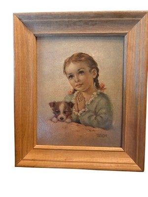 Vintage Florence Kroger Textured Art Print Praying Girl w/ Dog Solid Wood Frame