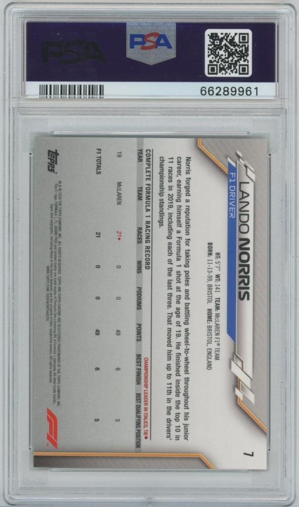 2020 Topps Chrome F1 Lando Norris #7 Gold Refractors PSA8 view 2