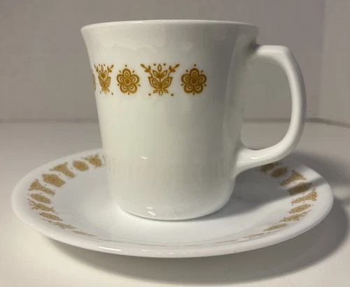 Vintage Corelle Corning Pyrex Butterfly Gold Coffee Tea Cup And Saucer Set (One)
