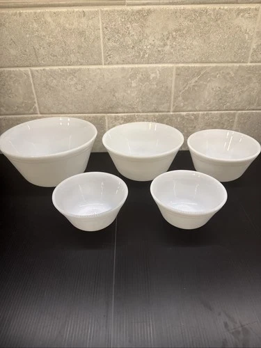 Vintage Milk Glass Stacking Bowls Federal Glass Set of 5, 1950-60’s Double Band