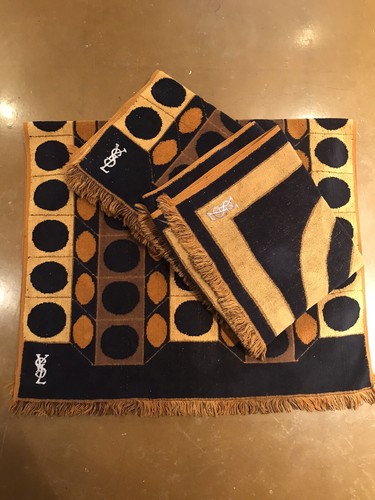 Set 3 asciugamani da bagno vintage Fieldcrest YSL nero giallo oro frange cerchio midmod