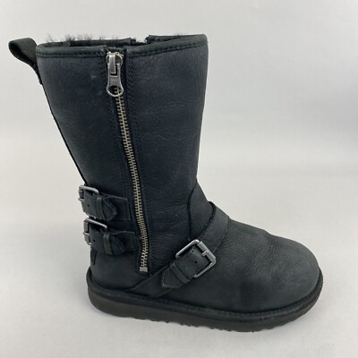 UGG Kaila Black Mid Calf Double Zip Biker Buckle Sheepskin Boots EU31 UK13 Kids