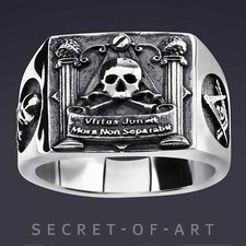 Freimaurer Ring Silber 925 Masonic Skull Totenkopf Memento Mori Biker Siegelring
