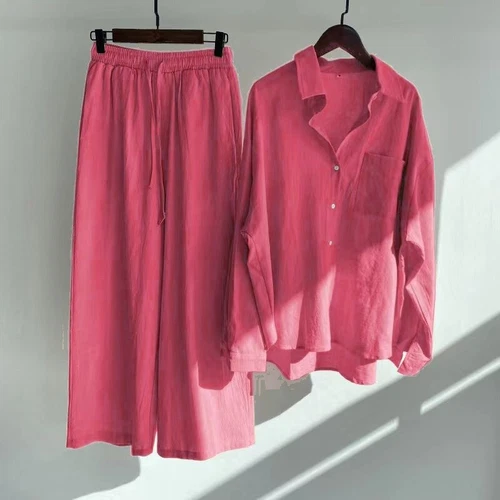 Women Lady Summer Solid Color Cotton Linen Suit Lapel Long Sleeve Top Leg Pants - Bild 20 von 42