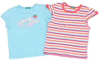United Colors of Benetton 2x T-Shirt Gr. 92/98 blau Glitzerprint bunt gestreift
