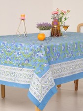 Elegant Indigo Blue Hand Block Printed Table Cloth- Floral Print Cotton Cover