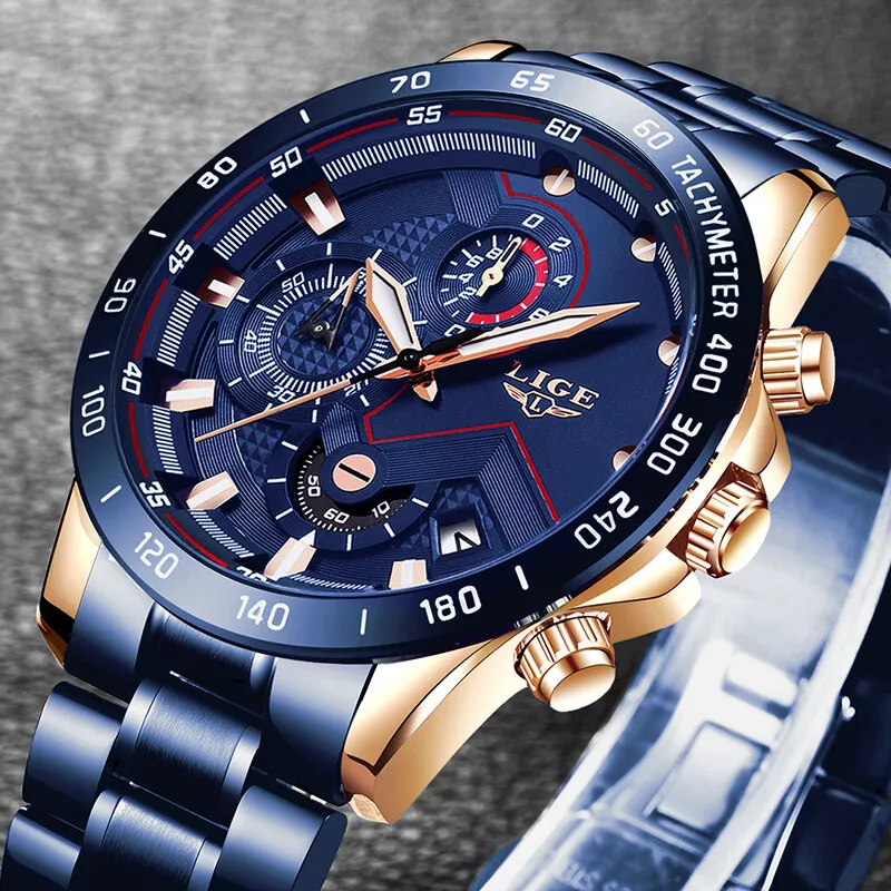 Montre Homme acier inoxydable LIGE Quartz Analogique tanche