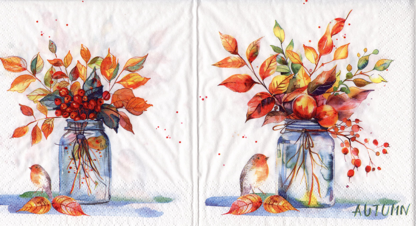 3 Servietten~ Nature, Herbst, Herbststrauß im Glas und Vögel, Rotkehlchen ~33x33