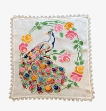 Vintage Peacock Embroidered Tapestry Art Cloth Panel