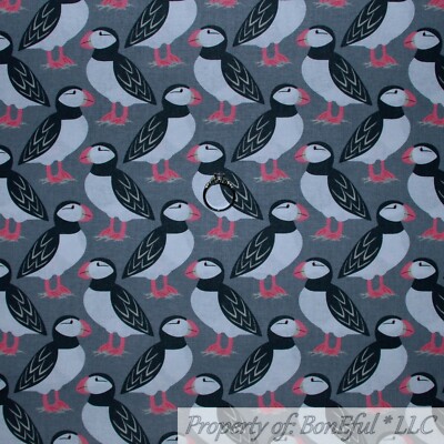 BonEful FABRIC FQ Cotton Quilt Gray Black White B&W Pink Puffin Penguin Bird Kid