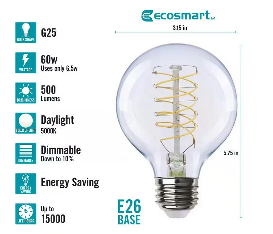 60 Watt Equivalent LED Light Bulb Daylight G25 Dimmable E26 EcoSmart 2 Pack - Image 3 of 3