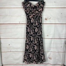 Nicole Miller Collection Dress Womens 8 Black Rose Print Silk Strapless Midi