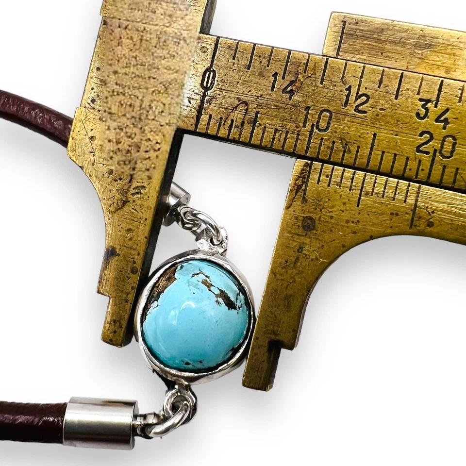 Brazalete de cuero colgante redondo turquesa azul natural de plata de ley de 6,5" Foto 3 de 4