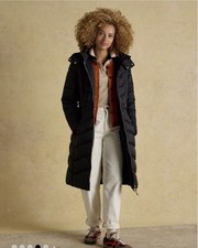 Joules Pembury Black Showerproof Longline Padded Coat with Hood Size Uk 10