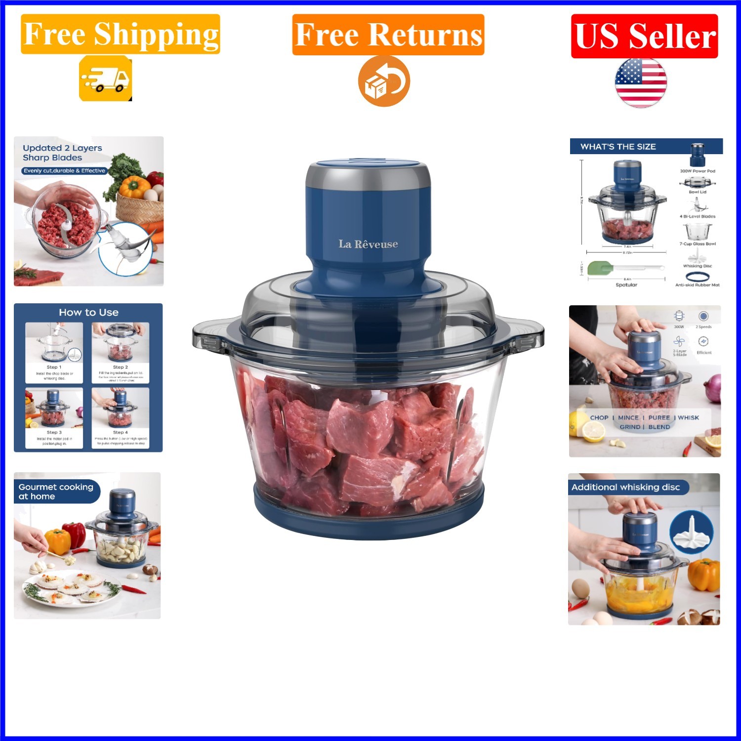 Blue 7-Cup Food Processor with Blender, Chopper & Whisk, 300