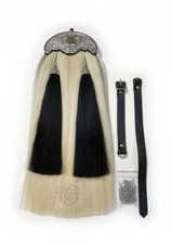 Scottish Full Dress Horsehair Sporran White Black Tassels Real leather back