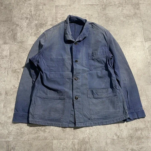 Vintage c.1960s French Work Chore Jacket Blue Twill Faded 5 Button Size 2XL - product listing photo