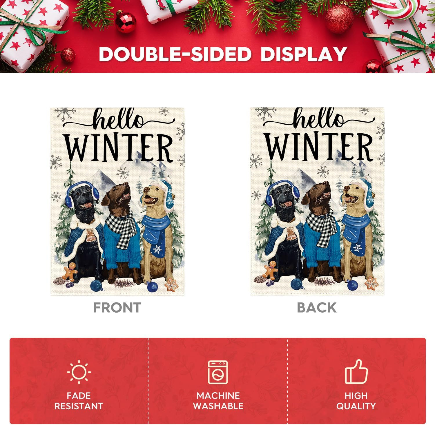 Hello Winter Dog Garden Flag 12X18 Inch Double Sided Outside, Snowflake Seasonal