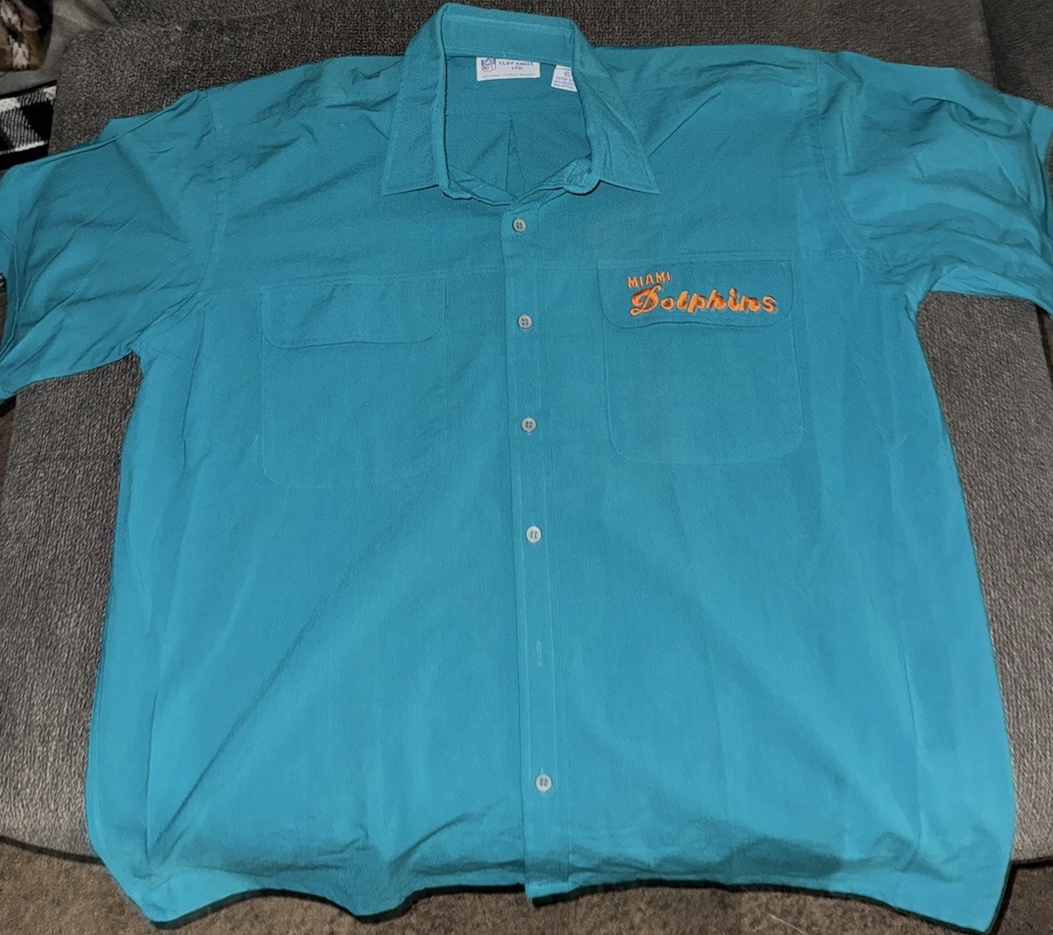 miami dolphins dress shirt Cutter & Buck Miami Dolphins Skyline Recycled Pinstripe Mens Long Sleeve Button Down Dress Shirt in Elemental Grey/White