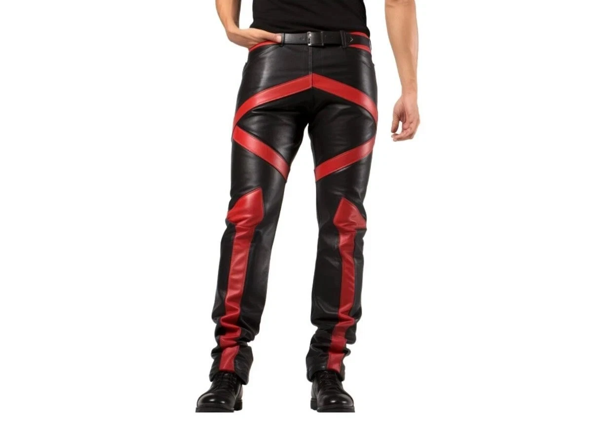 Men's Real Lambskin Soft Leather Black Pant With Red Contrast Panels Biker