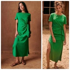 Sezane Robe Pippa Midi Dress Green Short Sleeve Tie Waist Size S
