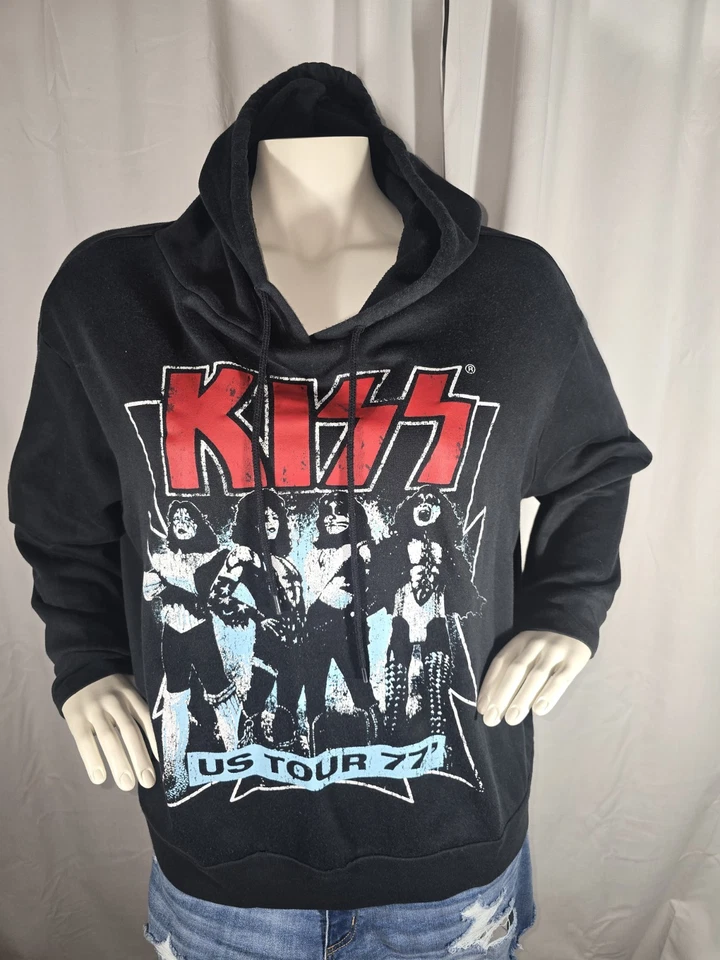 KISS U.S. Tour 1977 毛衣连帽衫 3XL 女式黑色运动衫表带摇滚 — 第 2/4 张图片
