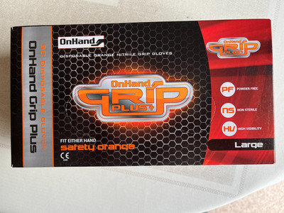 On Hands Grip Plus orangefarbene Einweghandschuhe Nitril Grip Größe Large 90er-Packung