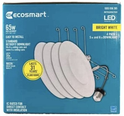 EcoSmart 5 & 6” LED White Canless 4 Pack 1002 936 732 Daylight 65w