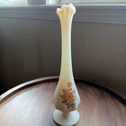 Vintage Hand Painted FENTON Satin Custard Glass Swung Bud Vase Floral Signed