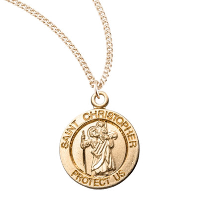 Patron St Christopher Round Gold Plated Sterling Silver Medal Necklace 18'' Chain