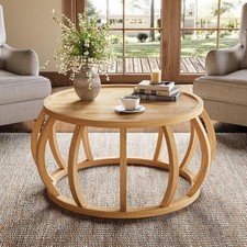 Solid Wood Coffee Table, 31.5-Inch Round Center Table with Curved Frame Base