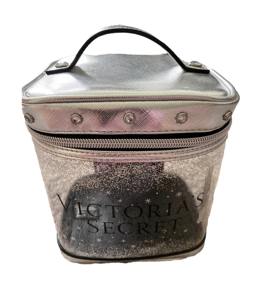 "Bolsa de cosméticos de maquillaje Victoria's Secret emblema plateado brillante en cremallera transparente 7x6x5""" Foto 2 de 4
