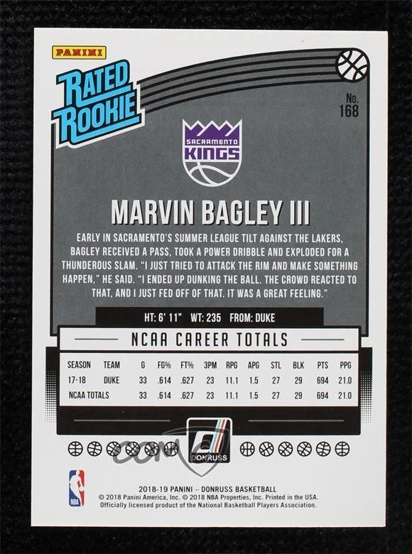 2018 Donruss Rated Rookies Press Proof Silver /349 Marvin Bagley III Rookie RC - Image 2 of 2