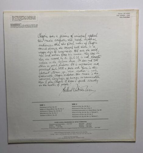 ARTUR RUBINSTEIN “The Chopin I Love” Vinyl LP RCA Red Seal LSC-4000 Dynagroove - Picture 2 of 24