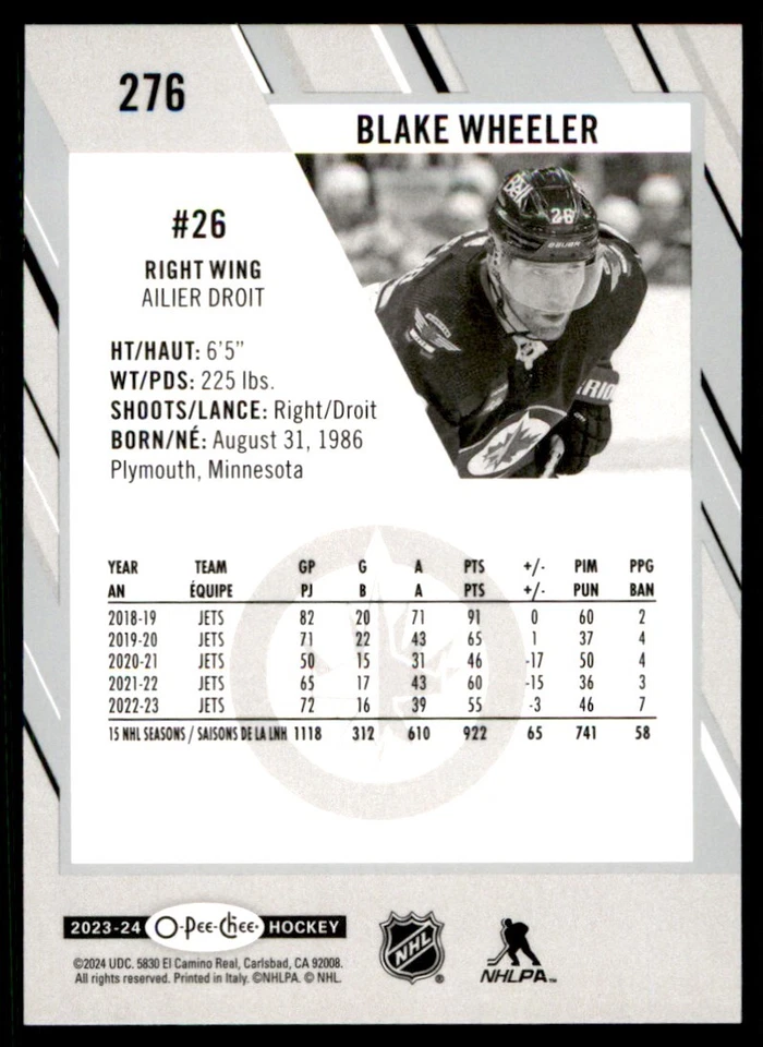 2023-24 O-Pee-Chee Blake Wheeler Winnipeg Jets #276 - Image 2 of 2