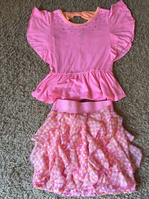 Knit Works Pink POLKA DOT Outfit SET BLING Shirt Top Tiered SKIRT small S