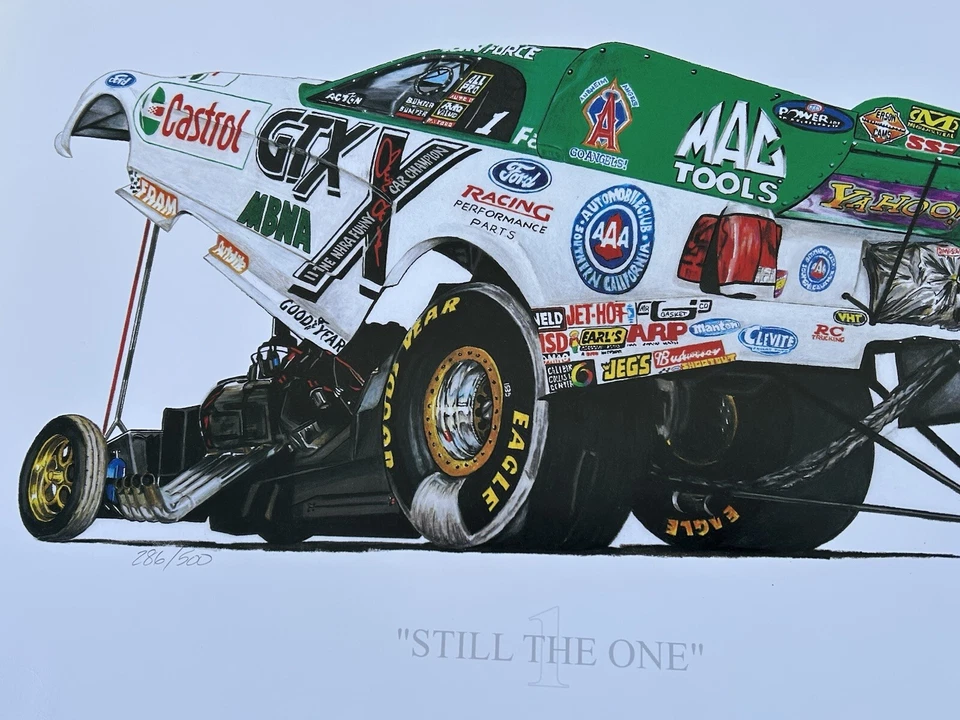 Póster impreso de coche divertido firmado por John Force "Still The One" 1 de 500 Dean Estrada Foto 4 de 4