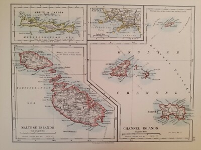 1913 Karte - Maltesische Inseln Malta Kreta Kandia Kanalinseln Guernsey