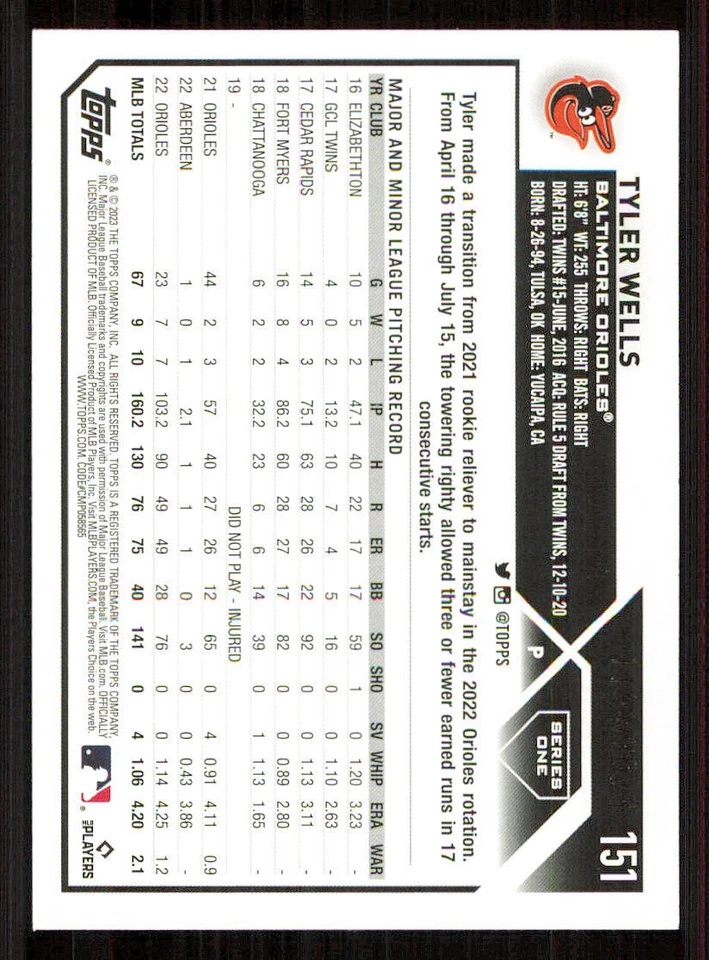 2023 Topps Gold #151 Tyler Wells /2023 - Image 2 of 2
