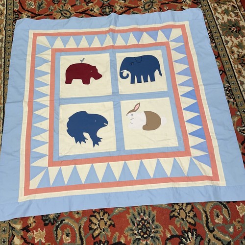 Baby Quilt Coverlet Blue w Animals Grannycore 42” Square