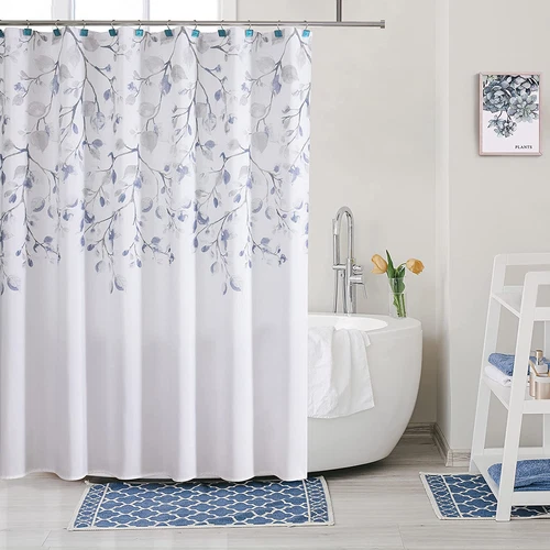 Navy Blue Leaf Shower Curtain Water Resistant Decorative Sweeping Floral Print C