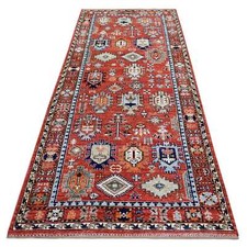4' x 9'7" Red Afghan Ersari Elements Design Wool Hand Knotted Runner Rug R70994