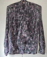 Vintage 1970’s Pykettes Women Bow Tie Neck Floral Lavender Gray Blouse Size 14