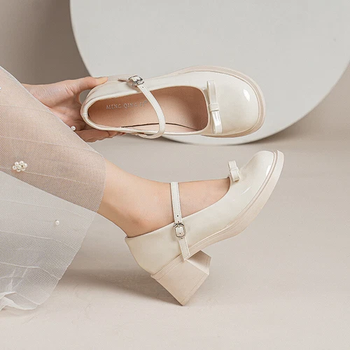 Womens Leather Bowtie Round Toe Buckle Strap Block Heel Fashion Mary Jane Shoes - Picture 8 of 30