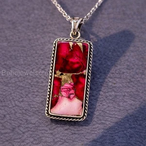 Rose rouge Collier Dahlia Turquoise Pendentif en argent sterling fabriqué à la main B#703