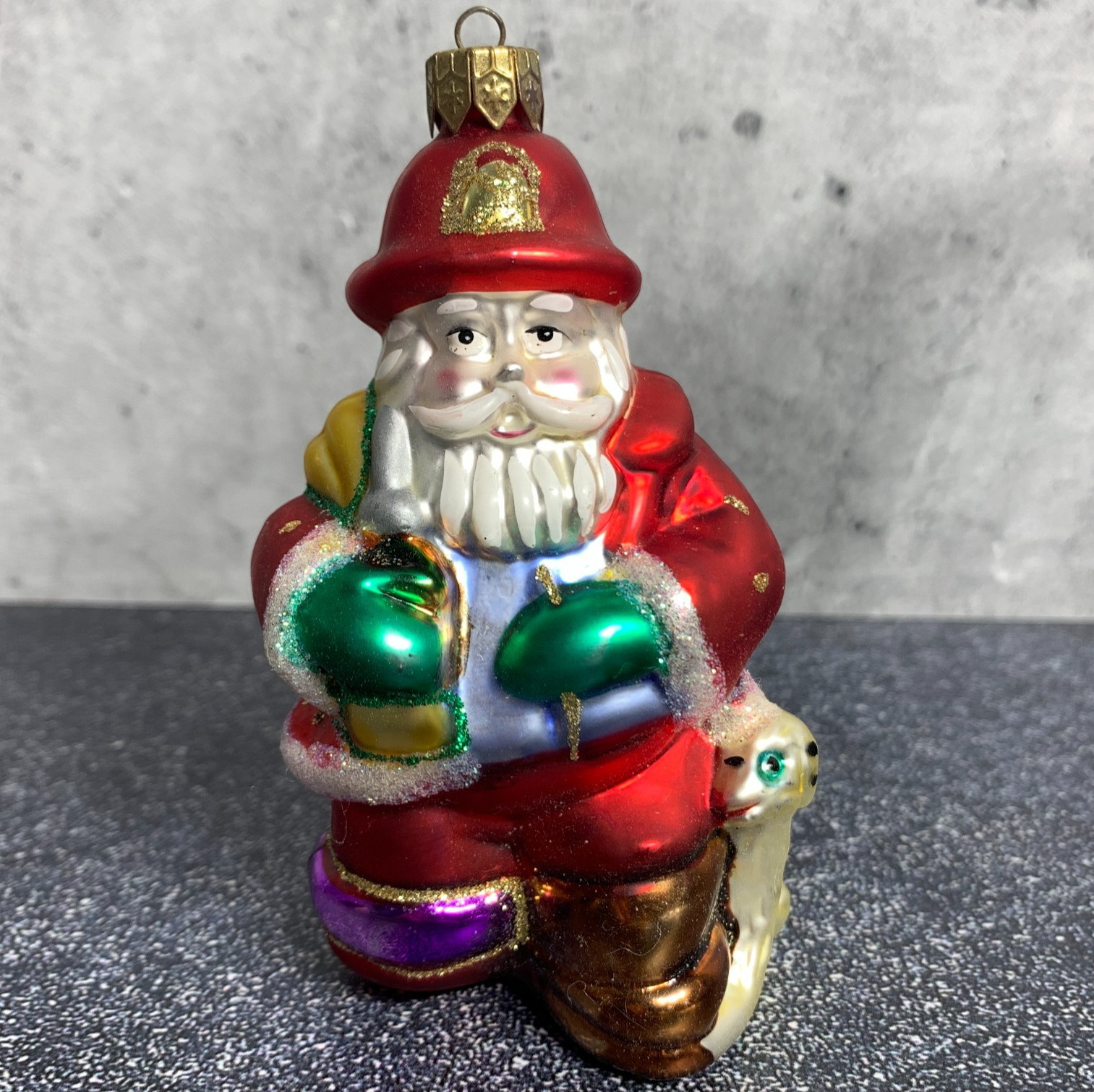 Blown Glass Christmas Ornament - Fire Fighter Fireman Santa with Dalmatian