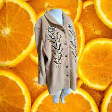 Bob Mackie Wearable Art Fleece Jacket Women Beige Sun Aztec Embroidery Collar