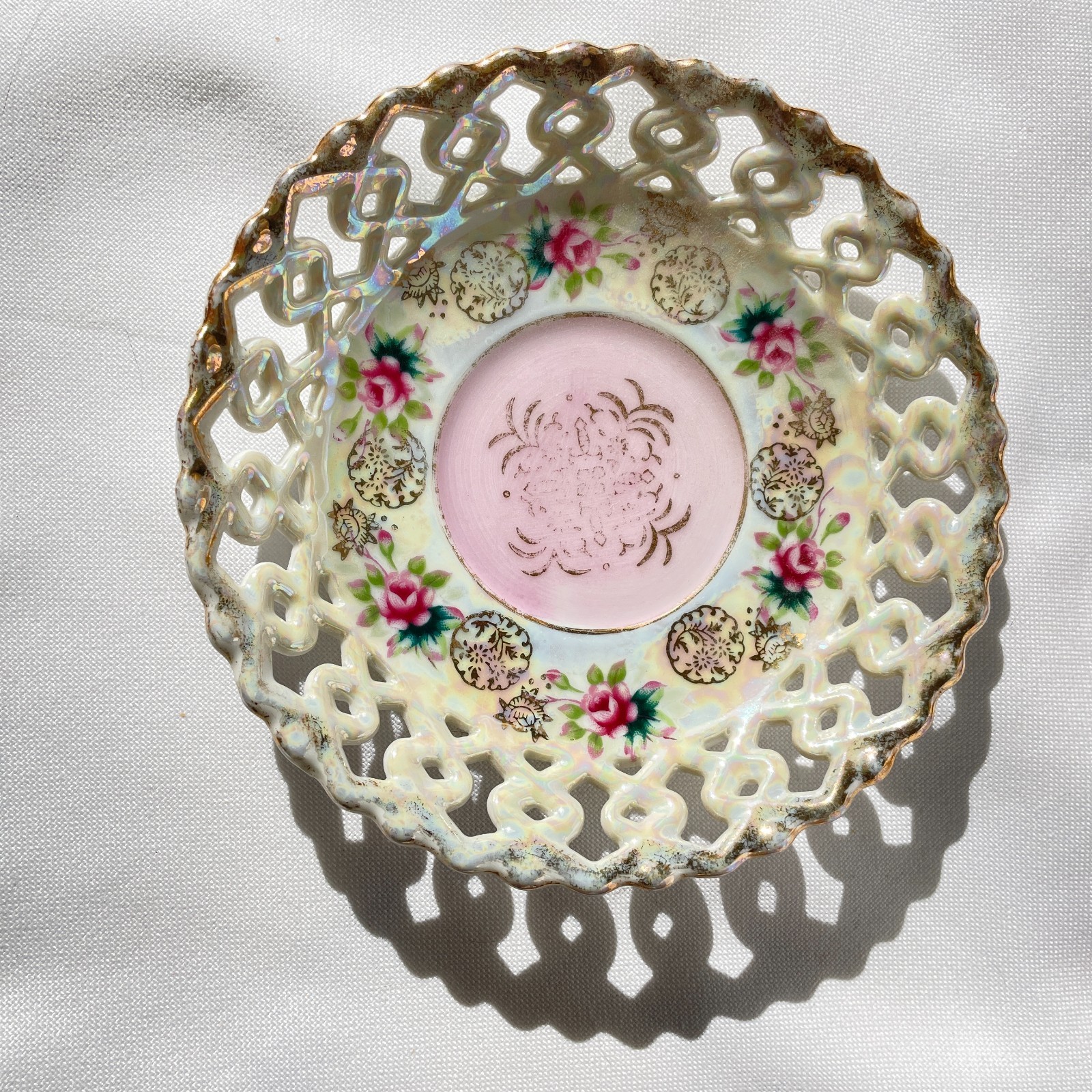 Vintage Bone China Lusterware Footed Teacup Pierced Saucer Small Roses Japan