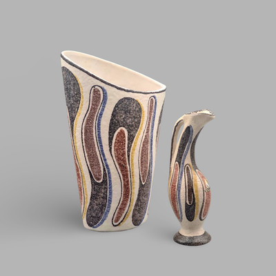 ES-Keramik Set Vase 608/25 & Krug 50er Willi Hack Dekor Mid Century | 1950s WGP